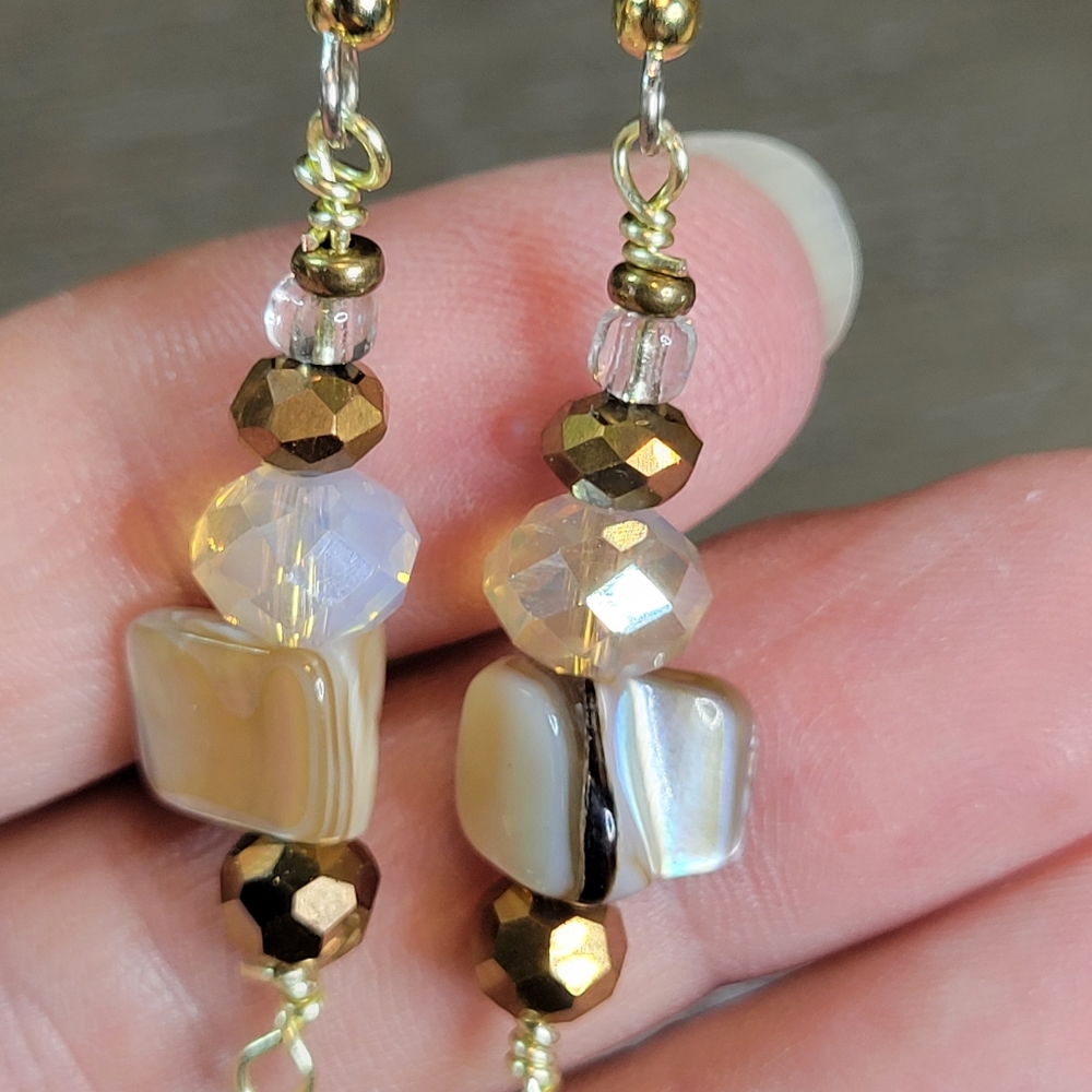 Handmade MOP Shell with White Opal & Bronze Glass Beaded Earrings 1 Pair